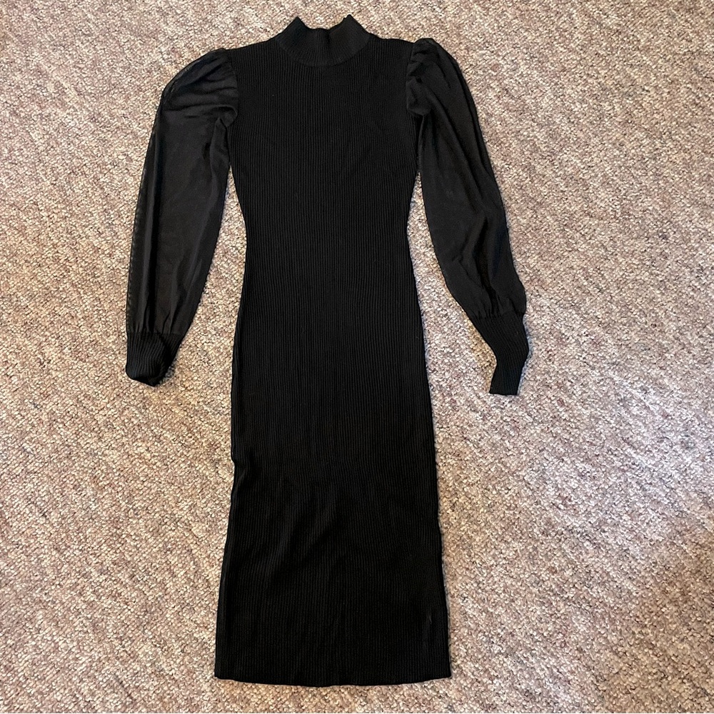 Women’s Almost Famous Body-con Dress Sheer Mesh Puff Sleeve And Mock Neck Size S